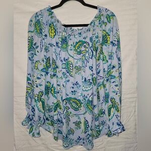 Talbots Top Womens XL Blue Green Floral Long Sleeve Chiffon Artsy Popover Boho